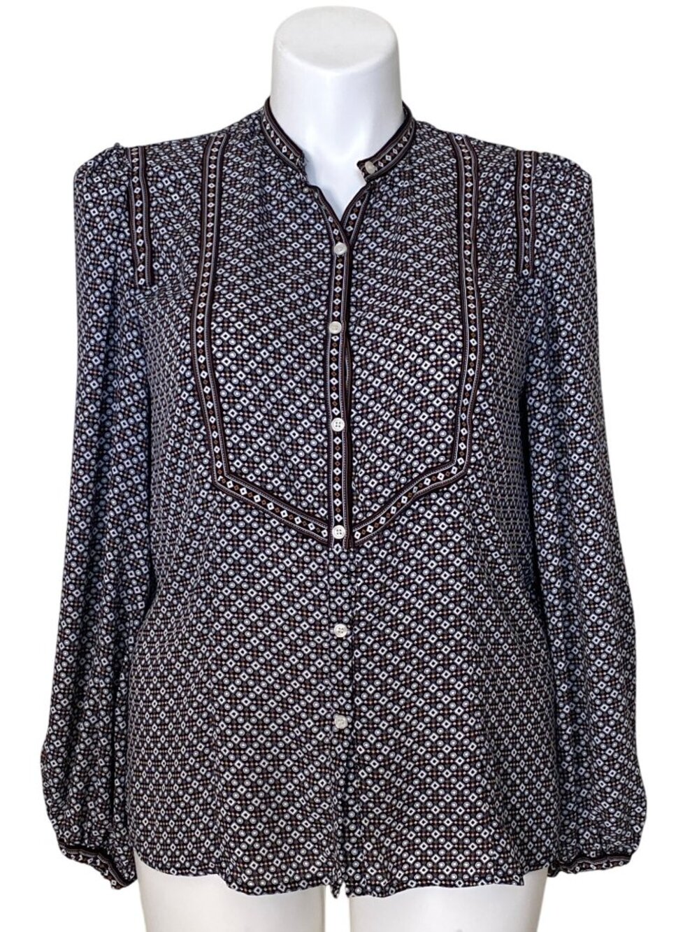 Max Studio Women's Black White Geometric Print Blouse Balloon Sleeves, Size L